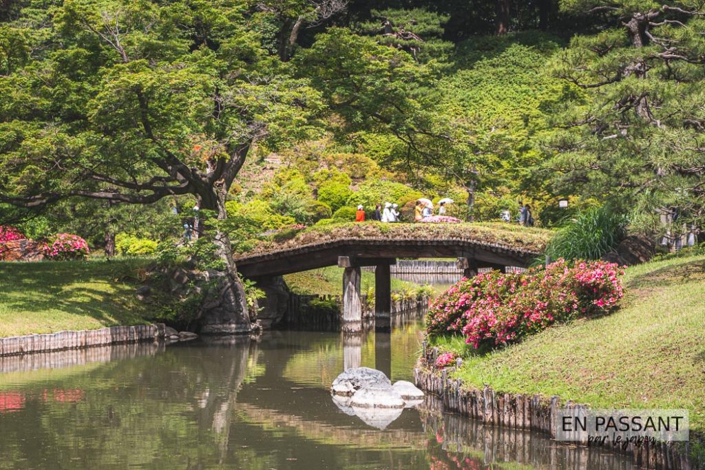 des gens sur le pont dans jardin au japon